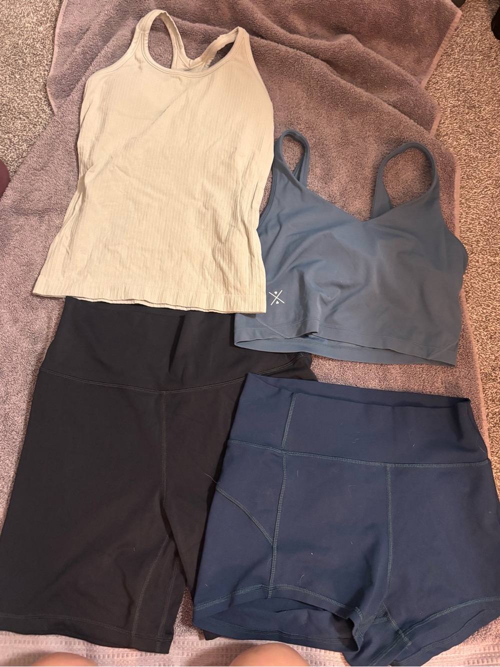 Green Ribbed Tank + Blue Sports Bra & Active Shorts Set